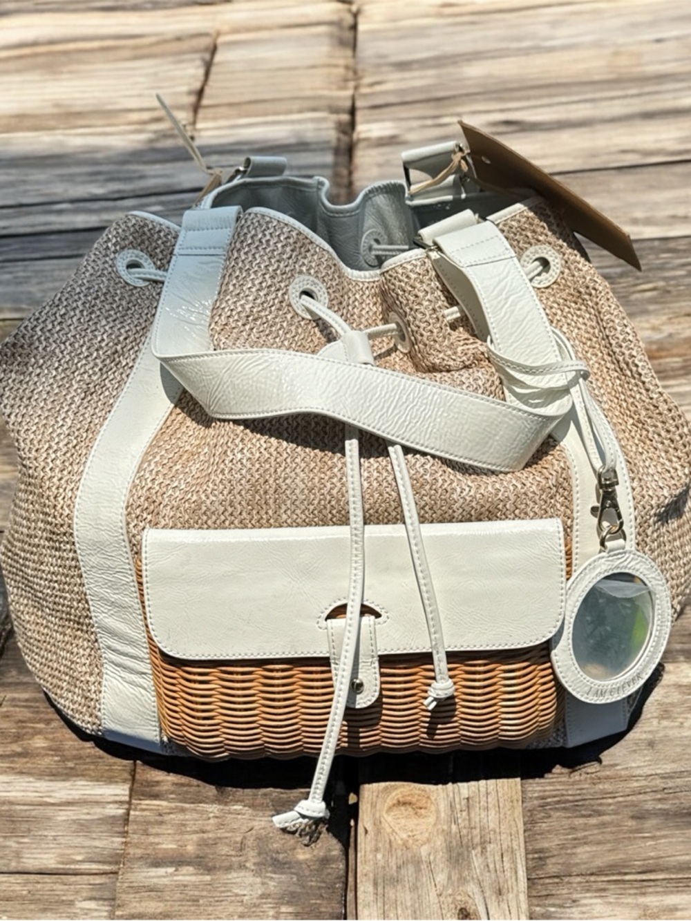 NWT! Clever Carriage Company XL Drawstring Tote with Basket Detail